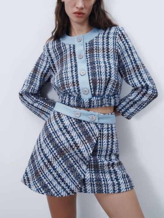 Zara Dresses & Skirts - Zara Blue Tweed Plaid Mini Skirt Denim Belt Preppy Academia Chic